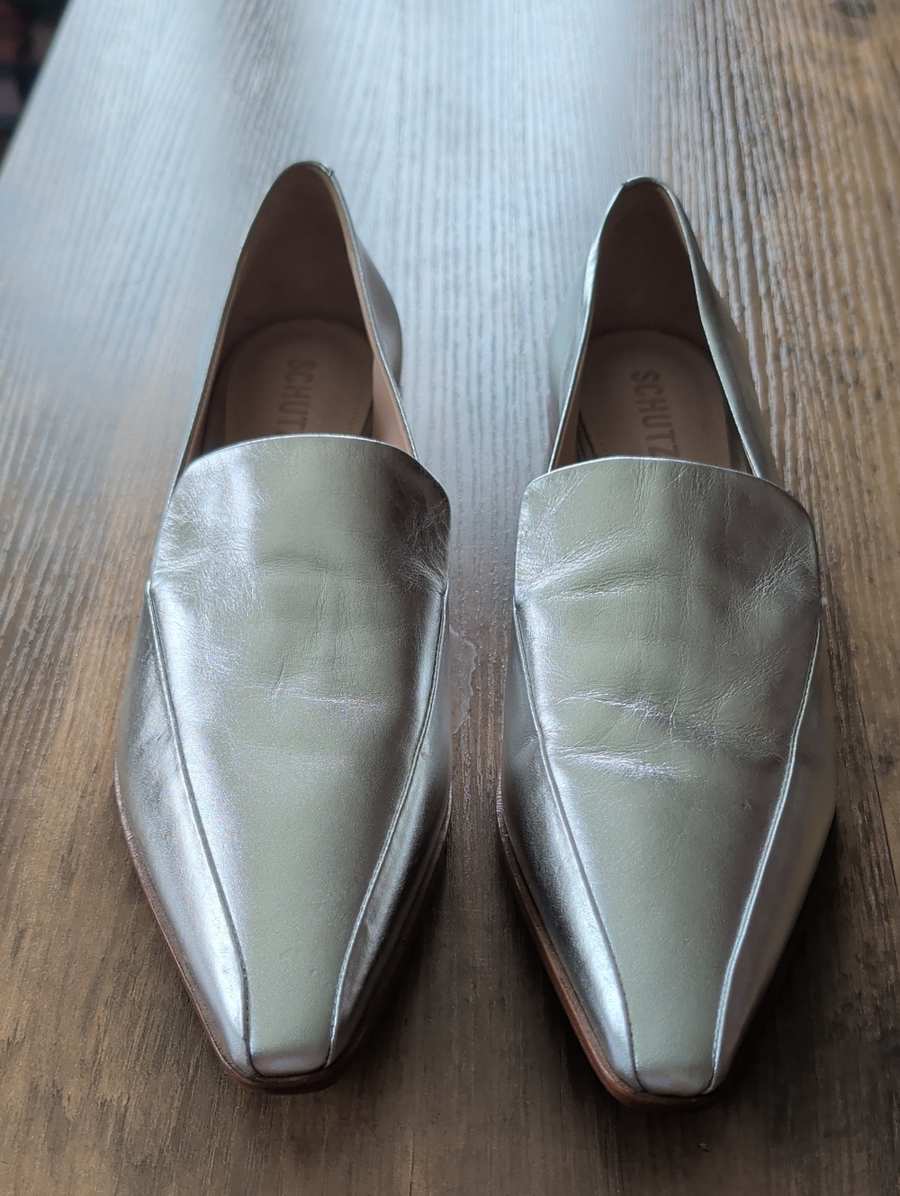 SCHUTZ Metallic Silver Pointed-Toe Loafers